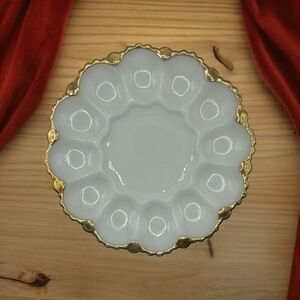 Vintage Anchor Hocking White Milk Glass Deviled Egg Dish Plate Platter Gold Rim